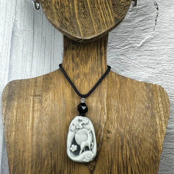 Tai Chi Stone Deer Pendant Necklace on Black Adjustable Rope - Picture 2 of 11
